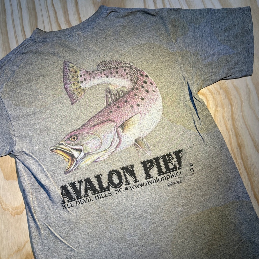 Vintage Anvil Avalon Pier Kill Devil Hills NC Fish Graphic T-Shirt Gray Medium